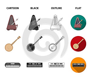 Banjo, piano, harp, metronome. Musical instruments set collection icons in cartoon,black,outline,flat style vector