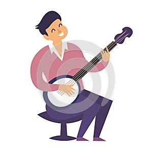 Banjo player vector colorful illustration. Banjo player characters cartoon flat style