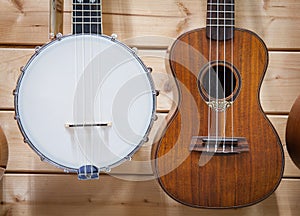 Banjo and ukulele close up photo