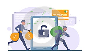 Bank account hacking with thiefs running with bag of money vector illustration. Spyware, theft, financial crime concept