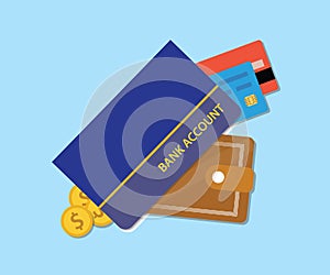 Bank accounts book with wallet credit card and money
