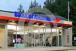 Bank of America sign and logo over entrance to branch