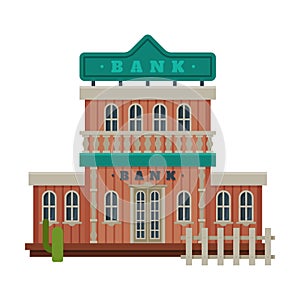 Bank Architectural Construction, Wild West Wooden Building, Western Town Design Element Vector Illustration