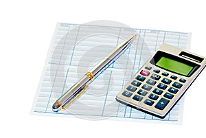 Bank book with a pen and calculator photo