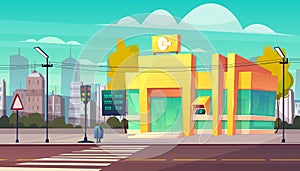 Bank branch building on city street cartoon vector