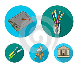 Bank with brushes, a drawing board, an easel with a canvas, paint knives.Artist and drawing set collection icons in flat