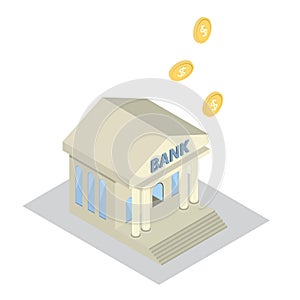 Bank buiding Icon with golden dollar coins