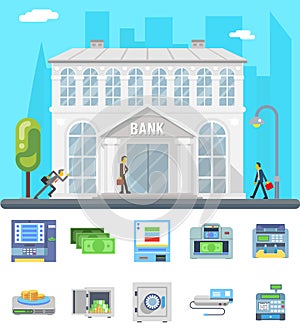 Bank building administrative commercial house business finance money check count icons set flat design vector