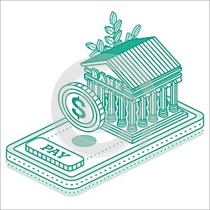 Bank Building and Coin on Top of Smartphone. Isometric Financial Concept