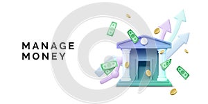 Bank building and falling coins and paper currency with arrows on background. 3d realistic bank icon. Money transaction or savings