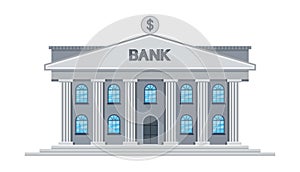 Bank building. Financial institute. Icon of courthouse. House of money government. Architecture with facade, columns and sign.