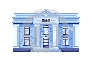 Bank building flat vector illustration with blue marble entrance pillars, windows, dollar sign isolated on white.
