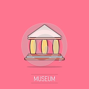 Bank building icon in comic style. Government architecture cartoon vector illustration on isolated background. Museum exterior
