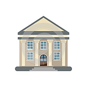 Bank building icon in flat style. Financing department vector illustration on isolated background. Courthouse with columns sign