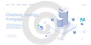 Bank building and money transaction concept in isometric vector design. Payment transfer or deposit and investment. Web banner