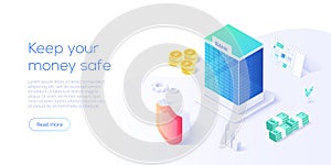 Bank building in money transaction concept in isometric vector design. Payment transfer or making deposit or investment. Web