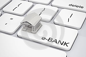 Bank Building over Computer Keyboard with e-Bank Sign. 3d Render