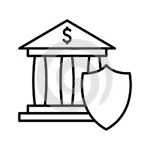 Bank building and shield. Bank Insurance Coverage, deposit guarantee. Financial loss Protection Symbol