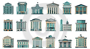 Bank buildings. Legal law building cartoon banking front facade set with columns and large windows vector image