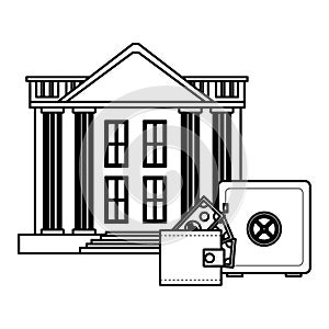 Bank buildings with wallet and strongbox black and white