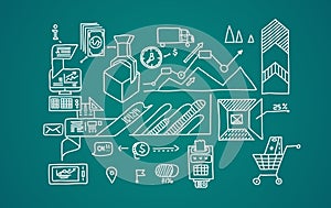 Bank business finance analytics earnings hand draw doodle elements