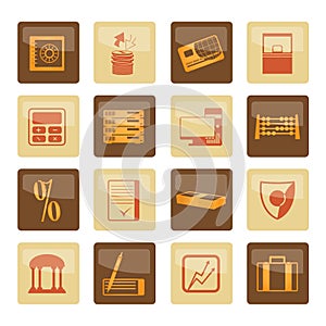 Bank, business, finance and office icons over brown background