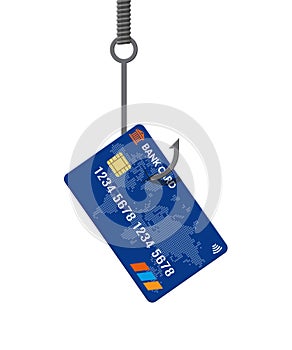 Bank card on fishing hook. Money trap concept.