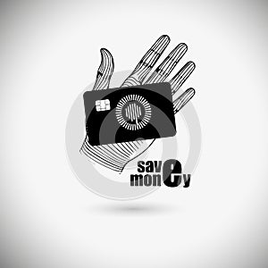 Bank card in hand. SHOTLISTbanking. Save money. hand drawing. Not AI, Vector illustration