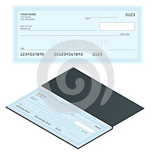 Bank Check with Modern Design. Flat illustration. Cheque book on colored background. Bank check with pen. Concept