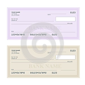 Bank Check with Modern Design. Flat illustration. Cheque book on colored background. Bank check with pen. Concept