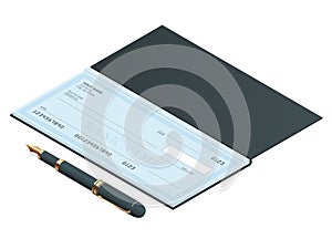 Bank Check with Modern Design. Flat isometric illustration. Cheque book on colored background. Bank check with pen