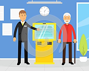 Bank Consultant Helping Senior Man Character Getting Cash with ATM Machine Vector Illustration