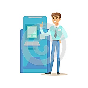 Bank Consultant Standing Next To ATM Cash Machine. Bank Service, Account Management And Financial Affairs Themed Vector