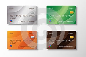 Bank credit cards. ATM debit money realistic mockup. Purchase payment. Security chip and cardholder name. Financial