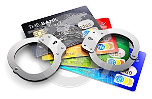 Bank credit cards and handcuffs isolated on white