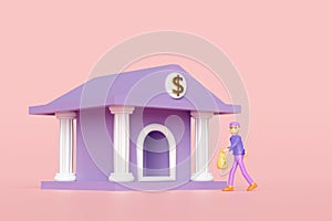 bank deposit with cartoon character man, bank or tax office building isolated on pink background. saving money, business banking