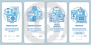 Bank deposit onboarding mobile app page screen with linear concepts. Deposit account and agreement. Four walkthrough