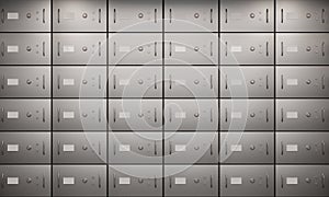 Bank deposit safe boxes wall, closed metal lockers in vault with lock and handles on steel doors for storage valuables