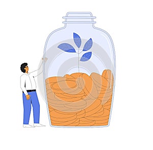 Bank deposit. Savings. Man with money. Male character standing with jar of coins and moneytree. Adult person with moneybox. Vector