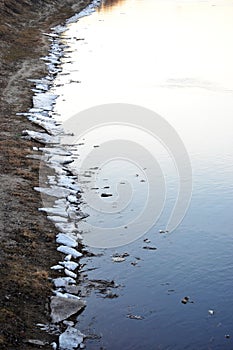 Bank of a dirty city river with melting ice floating along the shore in spring.