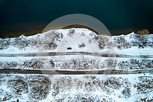 The bank of the Dnieper River in winter. Top view
