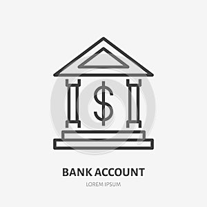 Bank dollar account flat line icon. Finance building exterior sign. Thin linear logo for financial services, loan vector photo