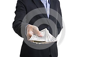 Bank employees hand holding money us dollar (USD) bills