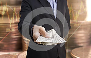 Bank employees hand holding money us dollar (USD) bills finance