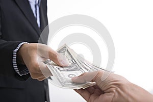 Bank employees hand holding money us dollar USD bills finance