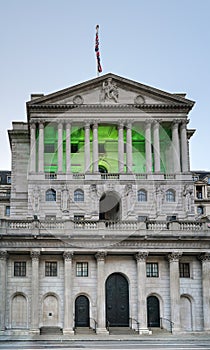 Bank of England headquarters at Threadneedle Street, evening sky above. BoE is central-bank in Great Britain