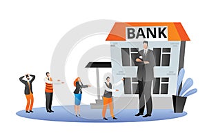 Bank financial crisis, economic fall vector illustration. No finance for loans and credits, business bancrupcy. Concept