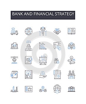 Bank and financial strategy line icons collection. Financial institution, Investment plan, Asset management, Credit