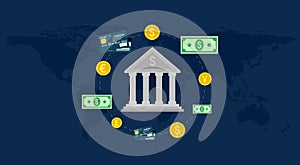Bank, global foreign exchange market, banking trade, banking system. Vector illustration.