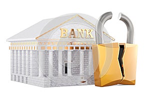 Bank hacking, concept. Bank building with broken padlock, 3D rendering photo